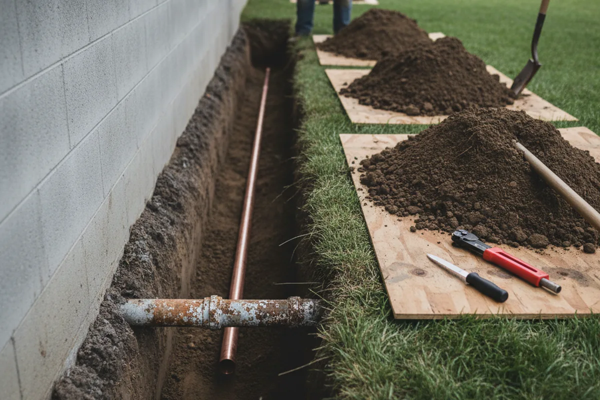 Excavated water line trench during Water Softener Installation in Boston